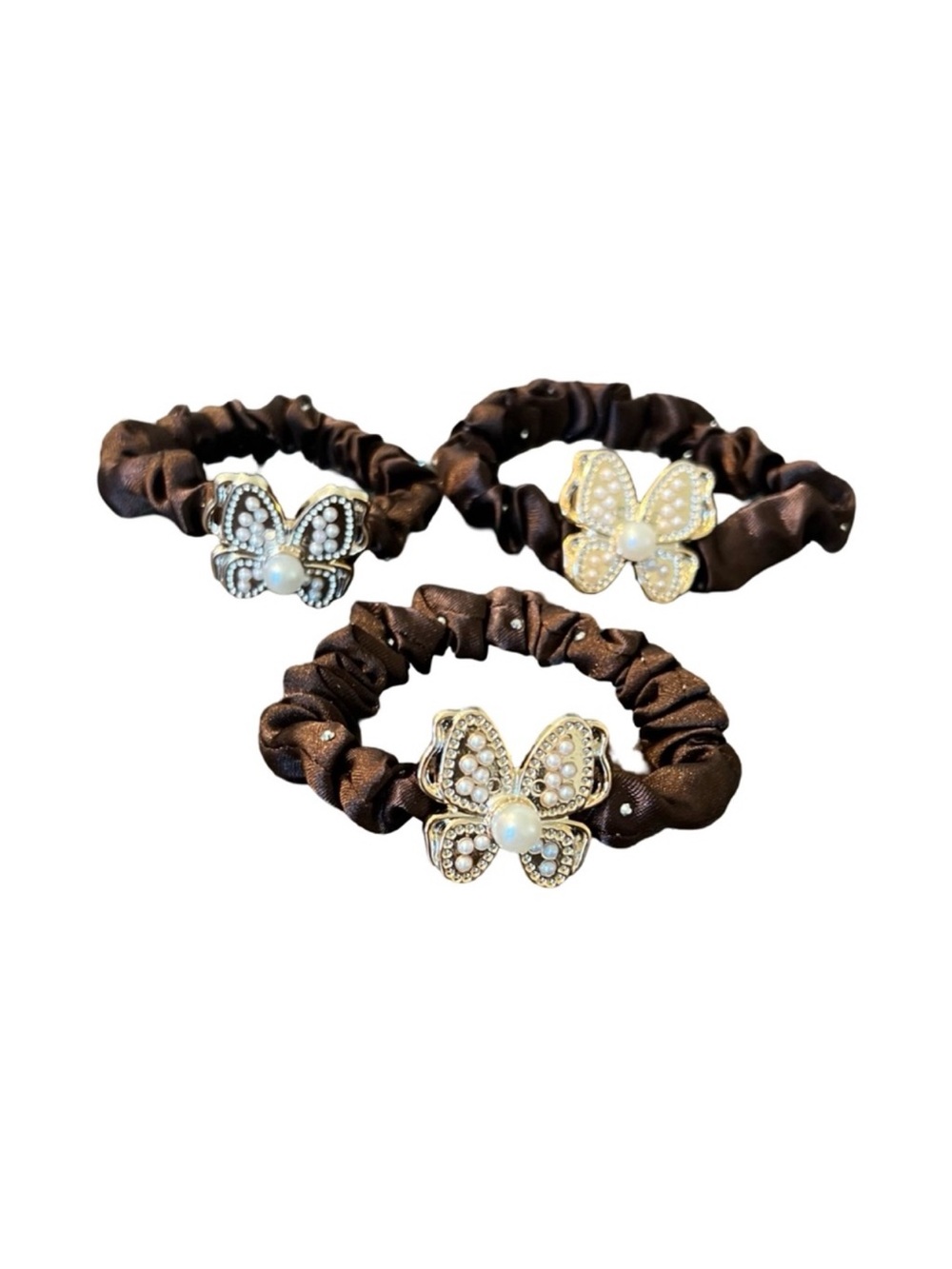 Elegant Brown Butterfly Gem Scrunchie Hair Ties - Set of 3